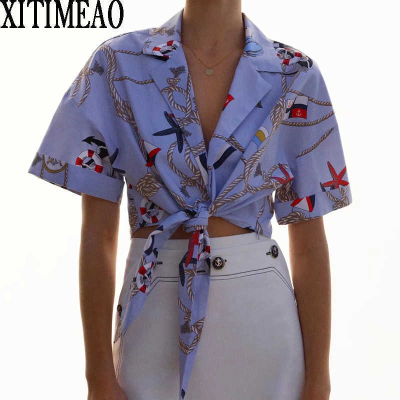 

ZA Sexy Cross Tie Shirt Lapel Short Sleeve Women Bottoming Female High Waist Tops XITIMEAO 210604, Blue