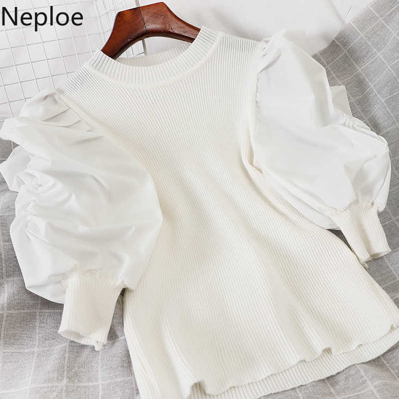 

Neploe Knitted Patchwork Blouse Women Solid O Neck Lantern Sleeve Blusa Shirts Spring Fashion Casual Female Tops 1C248 210721, White