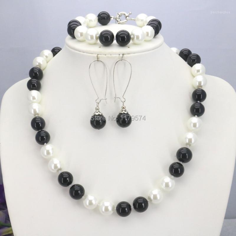 

Earrings & Necklace Christmas Gifts Girl 12mm White&Black Shell Pearl Beads Bracelet Sets Jewelry Making Design For Women, Silver