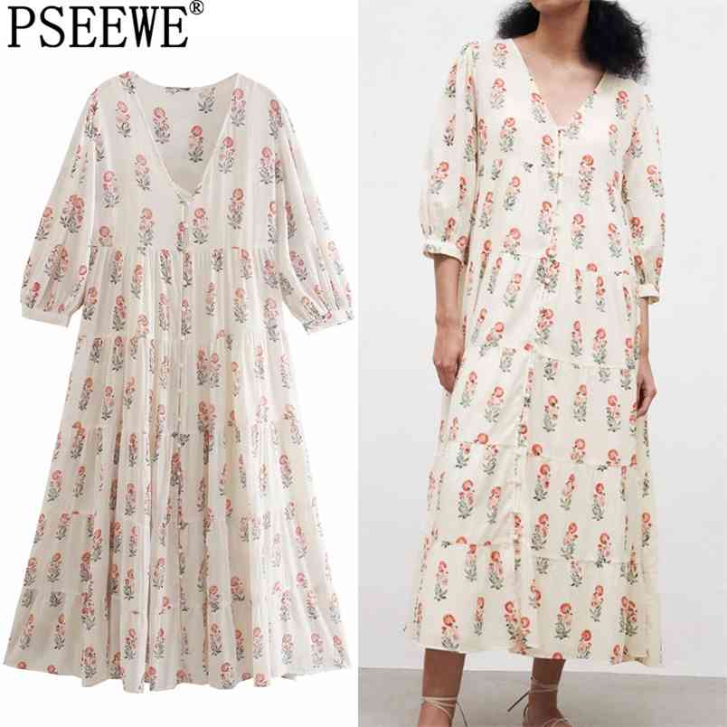 

Summer Woman Dresses White Floral Long Women Semi Sheer Puff Sleeve Midi Ruffle Casual 210519