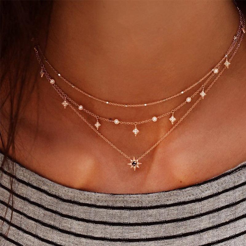 

Pendant Necklaces Women Necklace Choker Simple Layered Rhinestone Gift For Friend Collares Golden Color Jewelry Accessories Party