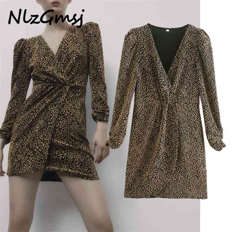 

Dres Mini Leopard Long Sleeve Winter Woman Vintage Animal Print Ruched Ladies Party es 210628, As picture