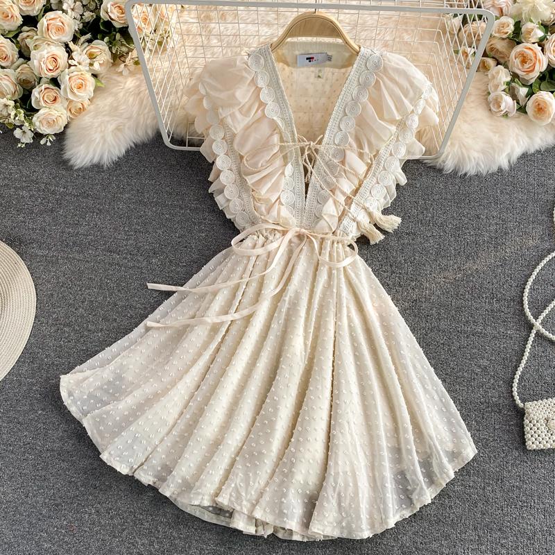 

Casual Dresses Sexy Summer Chiffon Mini Dress Women Elegant Ruffle Polka Dot Sleeveless High Waist Slim Vacation Beach Vestidos Female 2021, Black