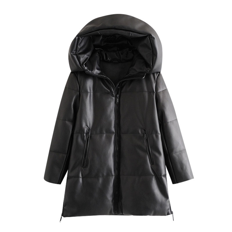 

BBWM Women Winter Fashion Thick Warm Faux Leather Parkas Vintage Hooded Long Sleeve Padded Jacket Female Chic Overcoat 211108, As picture