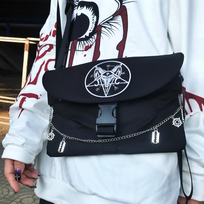 

Waist Bags Dark Fashion Cross Shoulder Bag Unisex Pack Women Men Nylon Pendant Chain Pentagram Embroidery Gothic Punk Rock