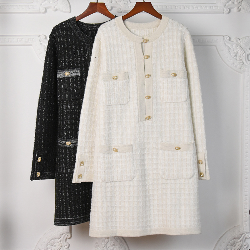 

Casual Dresses 2021 spring desginer high quality female pockets ed in knitted or crocheted c810, Black