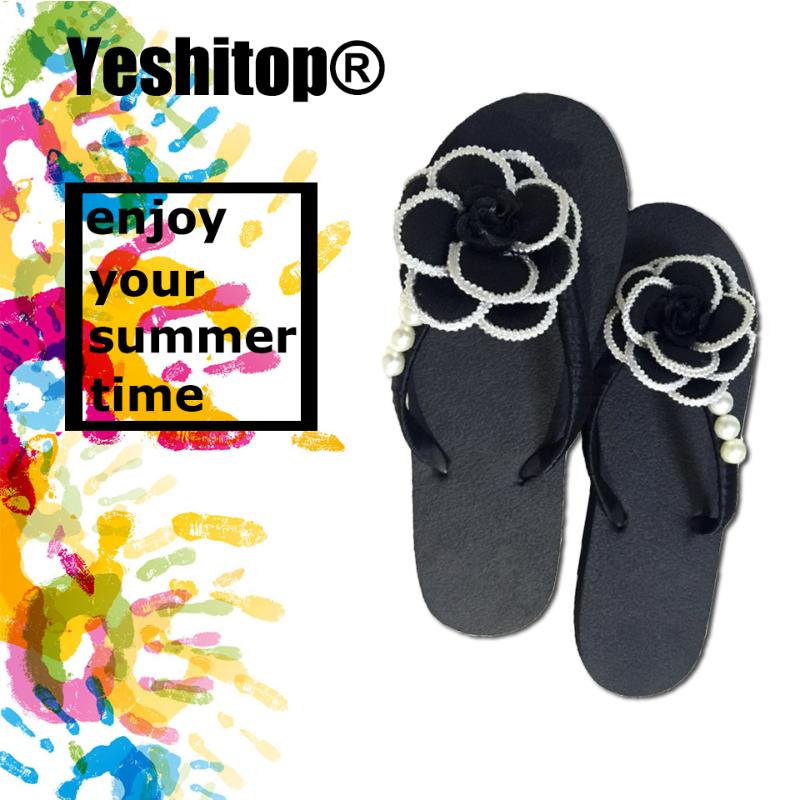 

Fashion DIY Ladies Sweet Flip Flops With String Bead Floral Flat Sandals For Casual And Beach Attire Slippers, Black