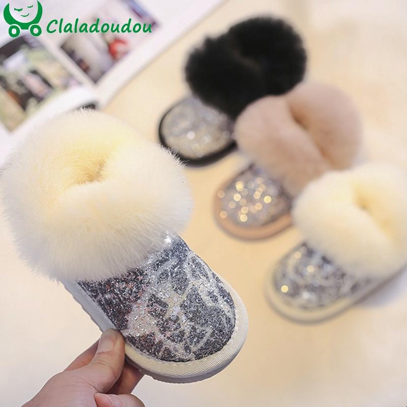 

Boots 12-16cm Bling Sequined Baby Snow For Girls Boys,0-3years Old Kids Womon Warm Winter Shoes,Fur Ankle Toddler, Black;grey