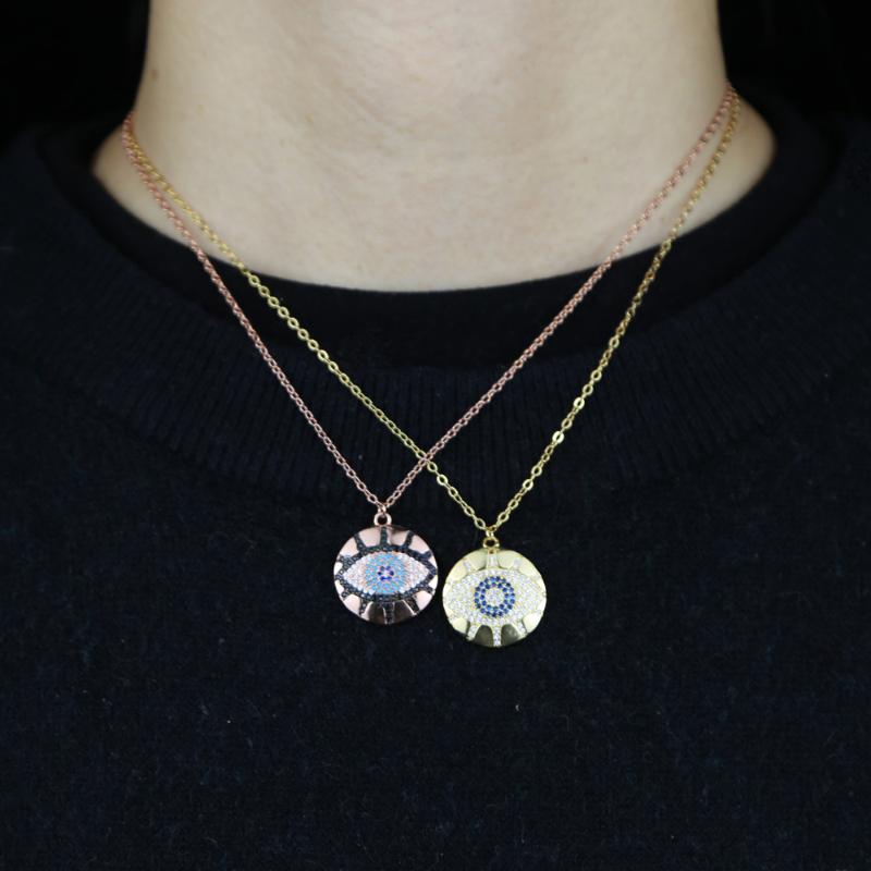 

Lucky Turkish Blue Evil Eye Charm Necklace For Women Vintage Round Coin Disco Pendant Jewelry Mirco Pave Bling Cz Party Gift Chains, Silver