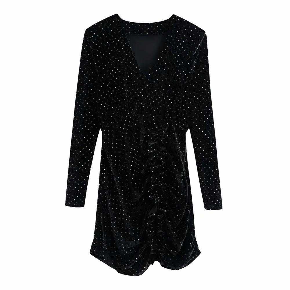 

Women Dress Velvet Beading V-neck Short Dress Vintage Retro Elegant Chic Mini Woman Dresses 210709, Black