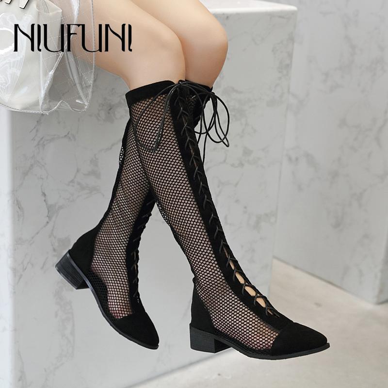 

Boots Summer Round Head Hollow Cross Lacing Mesh Women's Mid-tube Rear Zipper Sandals Sexy Low-heeled Net Shoes, Black