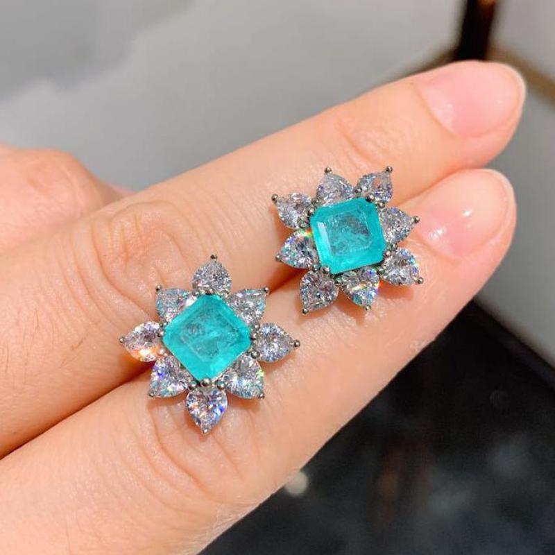 

Vintage 925 Sterling Silver 7*7mm Paraiba Tourmaline Gemstone Lab Diamond Stud Earrings Valentine's Day Gift Jewelry For Women