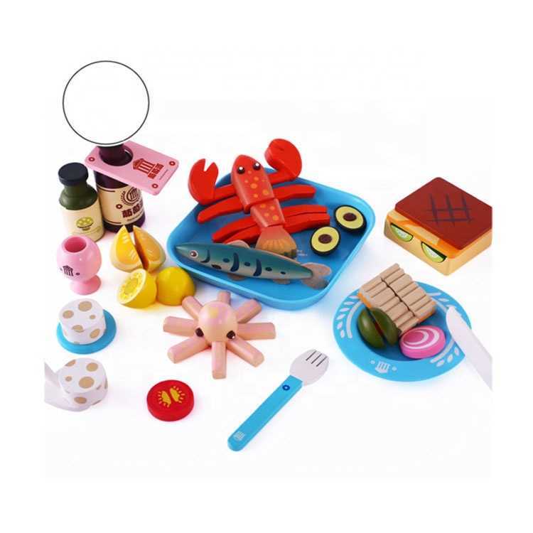 

Early Learning Educational Children Cooking Wooden Kitchen Magnet Seafood Fish Shrimp Cutting Toy