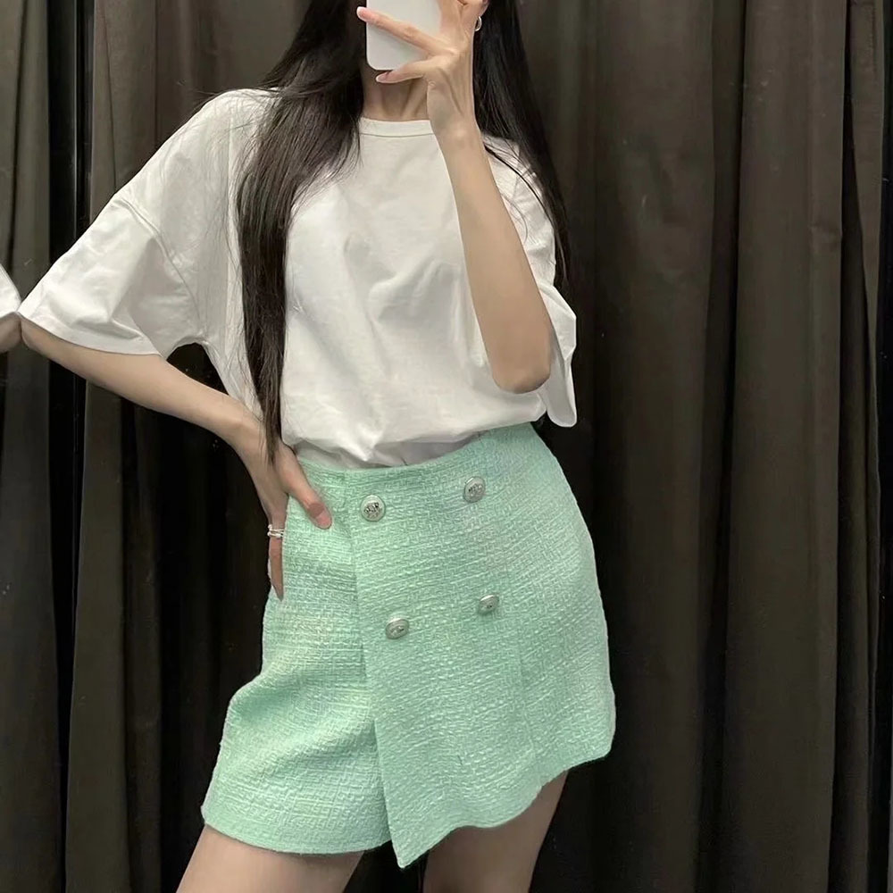 

BBWM Chic Button Decoration Mint Green Tweed Hakama Women Fashion Casual Plaid Skirt Elegant Ladies A Line Mini Culottes Casual 210520, As picture