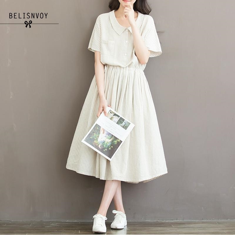 

Summer Dresses Women Clothing Cotton Linen Striped Printed Short Sleeve High Waist A-line Dress Vestidos Tunics 210520, Beige