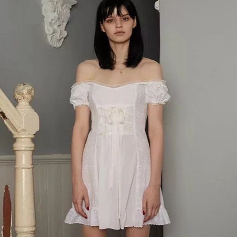 

Women' Knits & Tees Sweet Lace Woman Summer Dress Slash Neck Lolita Bandage Off Shoulder Girls Dresses W1XT, White