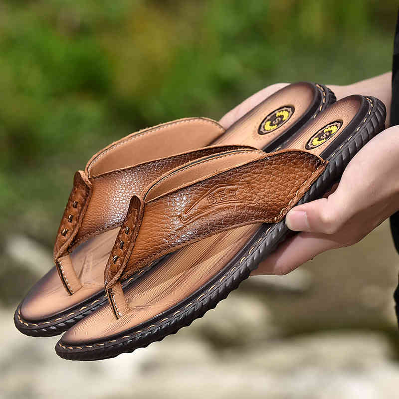

slippers fashion genuine leather men flip flops outdoor waterproof beach sandals summer zapatos de hombre brown ept3, Black