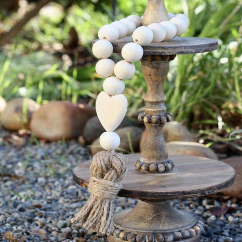 

Wood Bead Garland With Tassels Heart Wood Beads String Chain Rustic Farmhouse Wall Hanging Decorations Country Home Decor