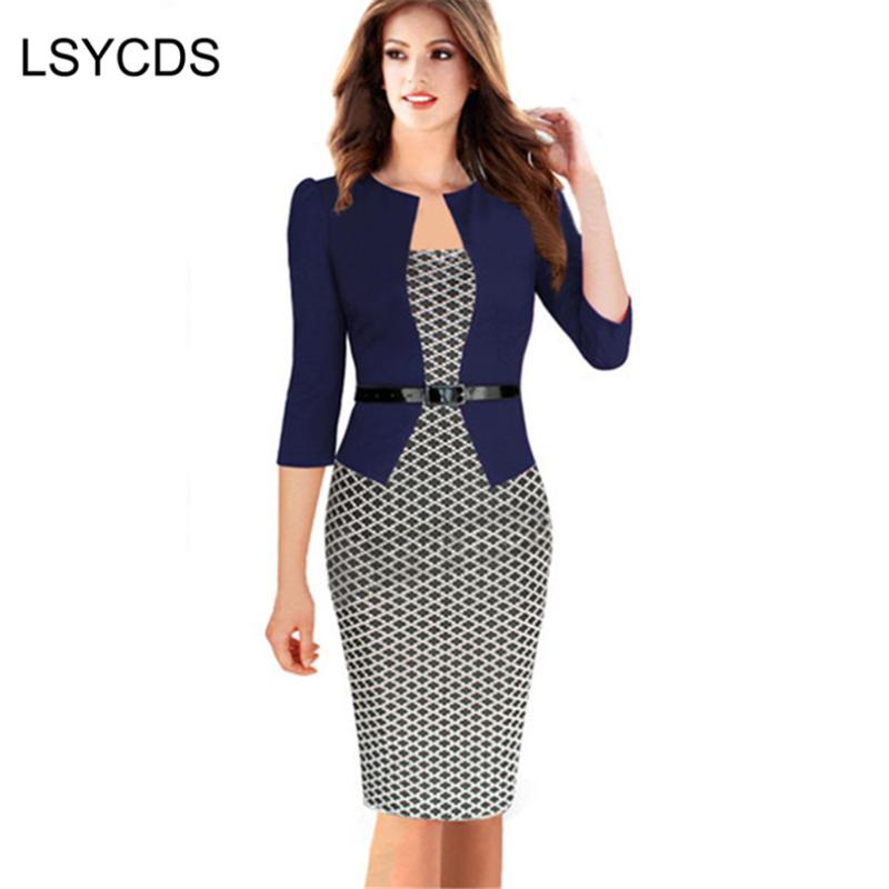 

Casual Dresses 2021 Womens Summer Elegant Three Quarter Sleeve Patchwork Wear To Work Office Party Bodycon Sheath Dress Plus Size -4XL, Black