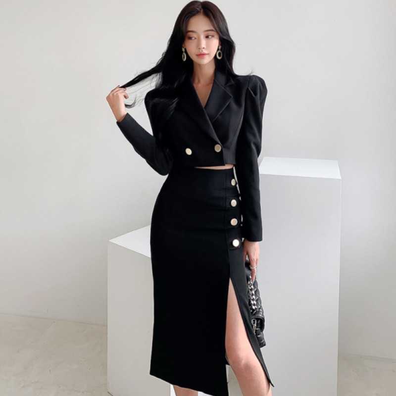 

Korean Spring Women 2 Piece Set Office OL Elegant Notched Long Sleeve Crop Top+High waist Bodycon Sexy Split Midi Skirt Outfits 210526, Photo color