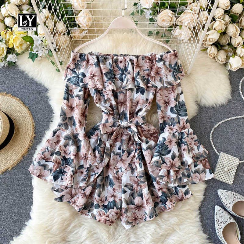 

LY VAREY LIN Autumn Women Chiffon Print Jumpsuits Ruffles Slash Neck Flare Sleeve Sash Tie Up Wide Leg Loose Playsuits 210526, Pink