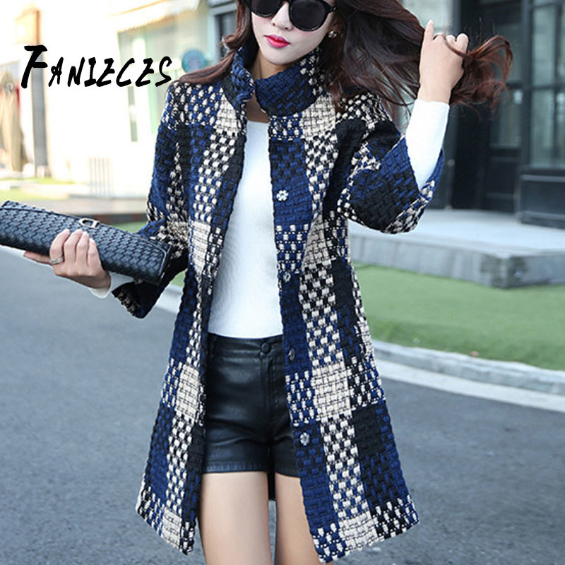 

Wool & Blends Autumn Winter coat Women Thick add cotton overcoat Long Houndstooth Plaid Coat Casual female Vintage manteau femme 210520, Navy blue