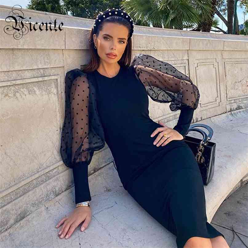 

Chic Polka Dot Voile Lantern Sleeves Celebrity Party CLub Bandage Knee Length Dress 210520, Black
