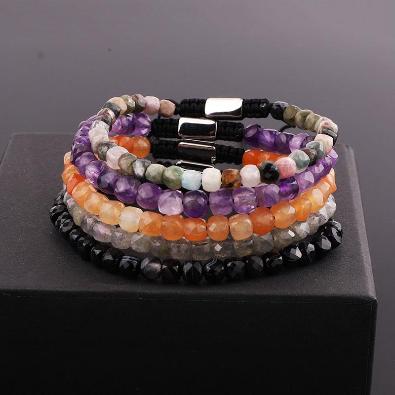 

Beaded, Strands Fashion Cube Faceted Stone Amethyst Black Agate Labradorite Beads Macrame Adjustable Bracelet Women