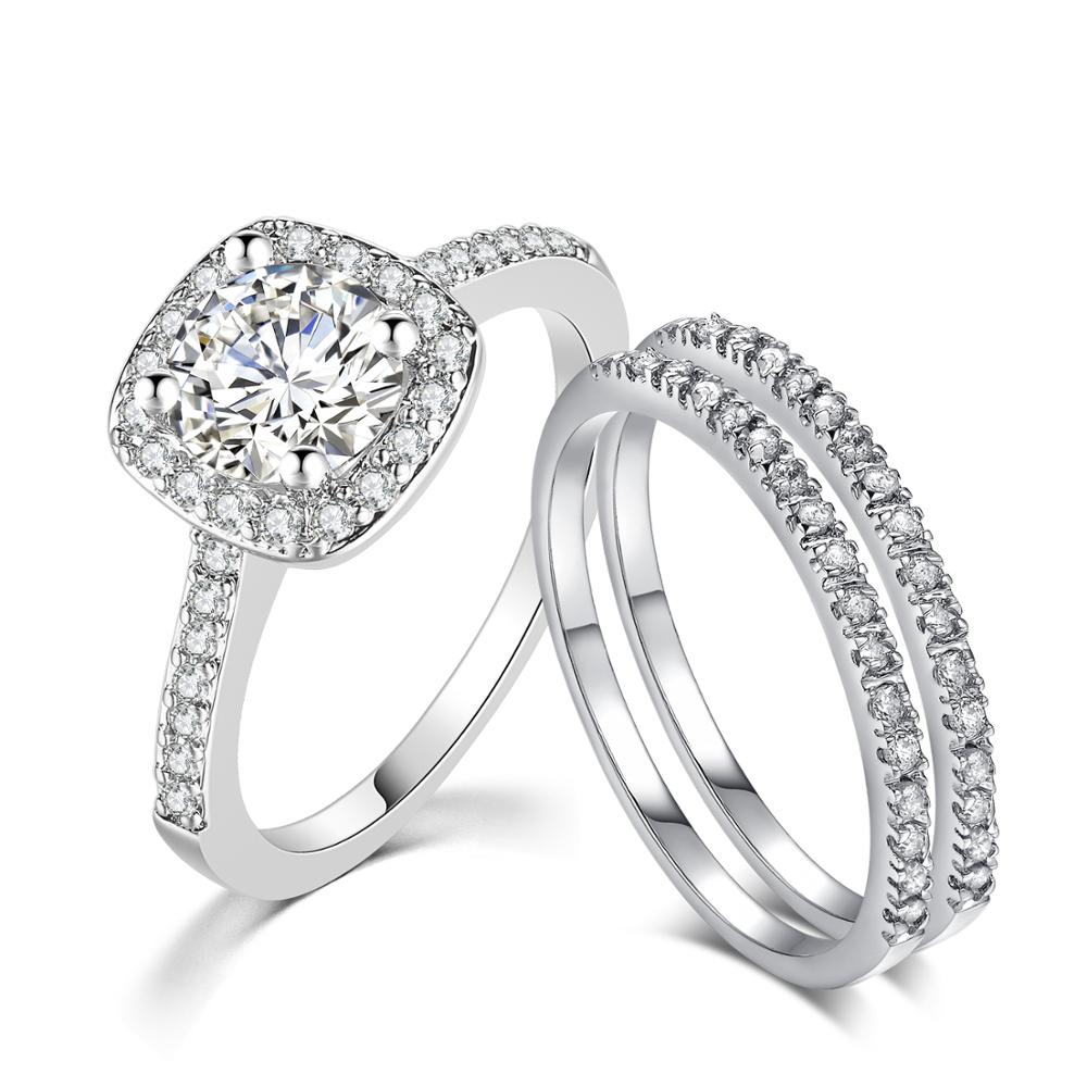 

Amazon Sale Women Jewelry White Gold Plated CZ diamond Three Piece Wedding Engagement Ring Sets Bridal Band SR531, Silver