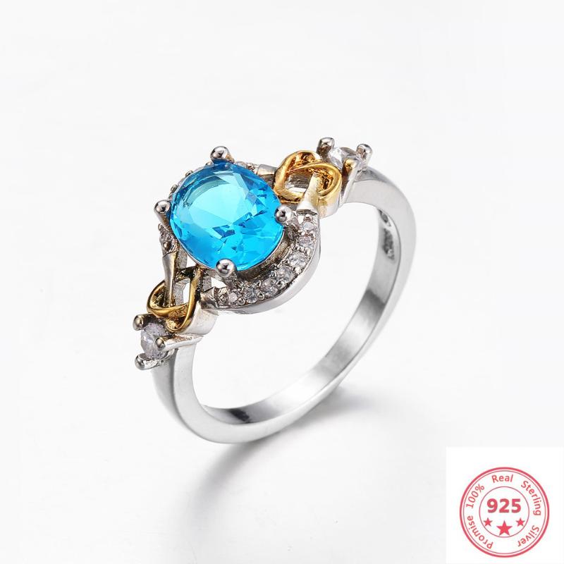 

Cluster Rings 925 Silver Color Jewelry Sapphire Wedding Diamond For Women Anillos Bizuteria Gemstone Blue Topaz Stone, Golden;silver