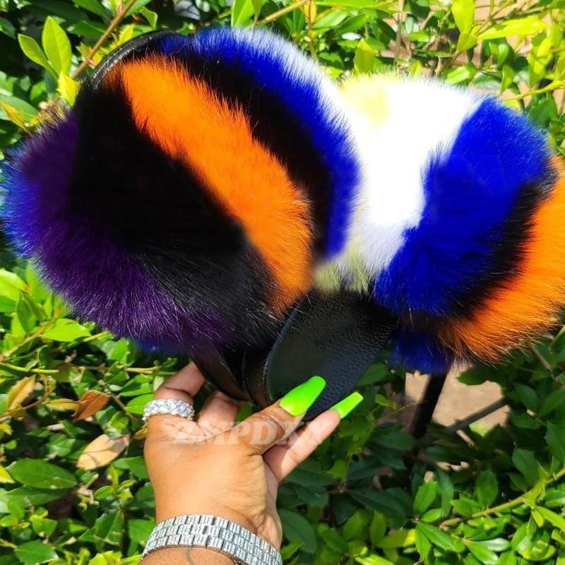 

Luxury Fluffy Rainbow Real Fur Slides Flat Non-slip EVA Furry Slippers Fashion Women Indoor Beach Flip Flops Adult Girl Sand, Black