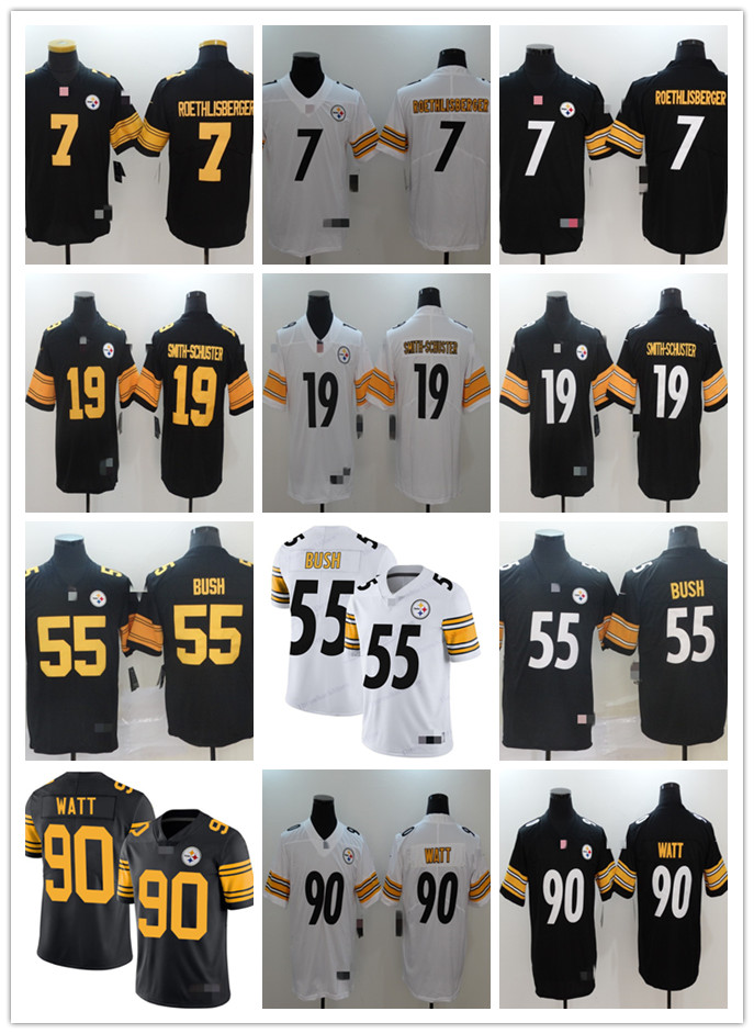 

Men Women Youth PittsburghSteelers90 T.J. Watt 7 Ben Roethlisberger 55 Devin Bush 19 JuJu Smith-Schuster Custom Football Jersey, Black;red
