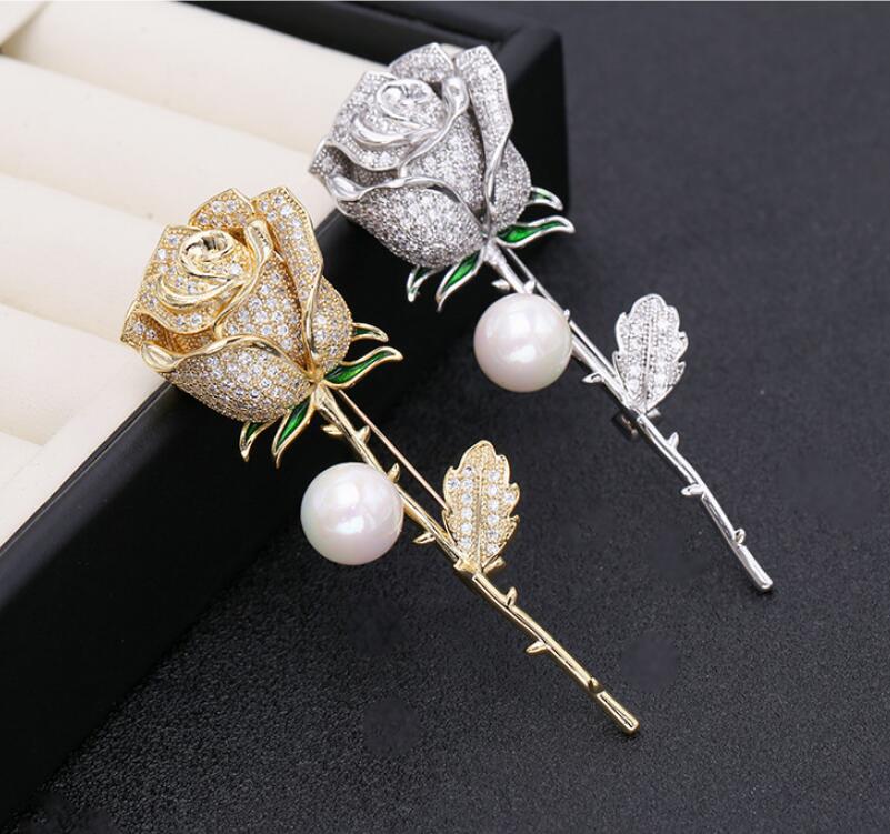 

luxury high-end 18k gold-plated pearl rose flower brooch jewelry fashion sexy women high-quality brooch shiny zircon pins accessories