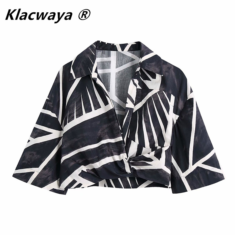 

Women Vintage Black White Tie Dyed Printing Hem Knot Short Smock Blouse Female Kimono Shirts Chic Crop Blusas Tops 210521, As shown