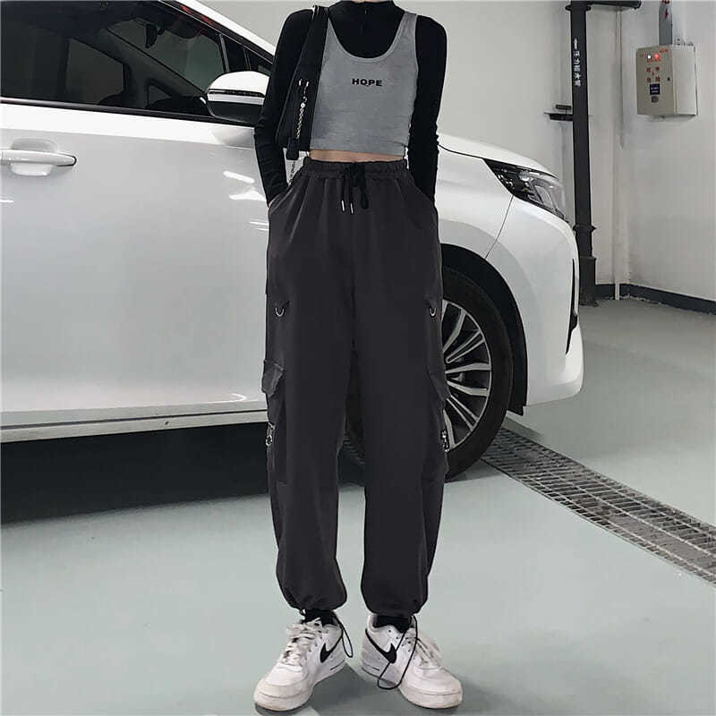 HOUZHOU Techwear Black Cargo Pants Women Hippie Streetwear Punk High 