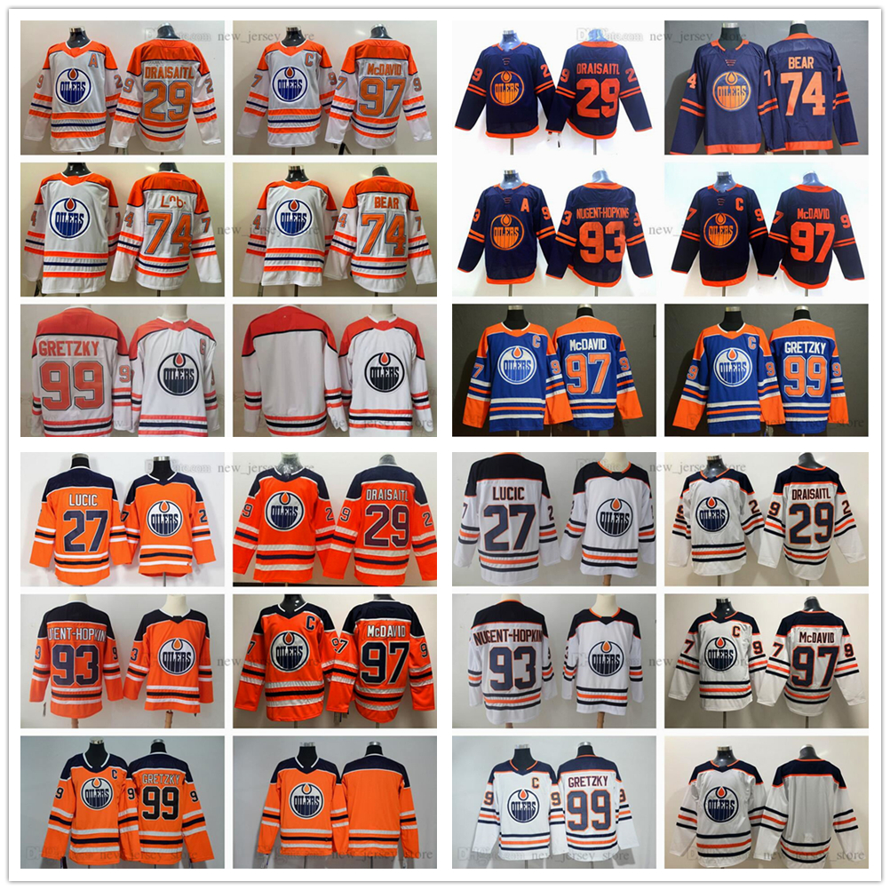

2021 Reverse Retro Edmonton Oilers Hockey 74 Ethan Bear Jersey Connor 97 McDavid 29 Leon Draisait Wayne 99 Gretzky 93 Ryan Nugent-Hopkins 27 Milan Lucic Jerseys, As picture