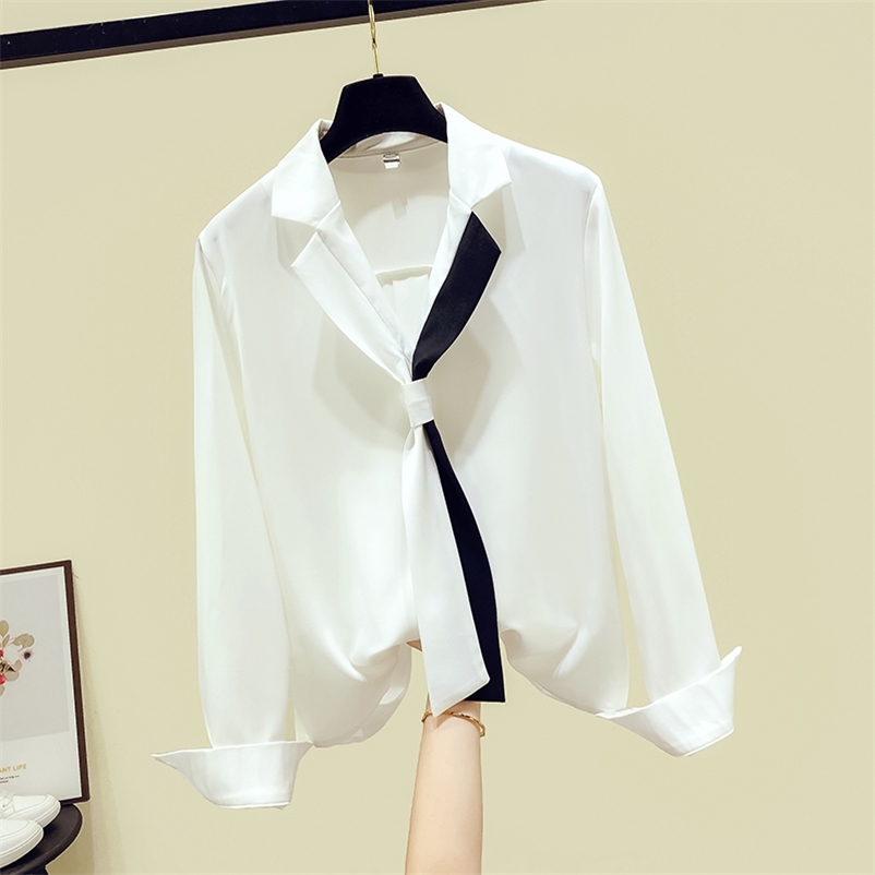 

Luxury Design Office Ladies Shirts Autumn Women's Long Sleeves Turn Down Collar With Tie OL Shirt Tops Blouses A3813 210519, Beige