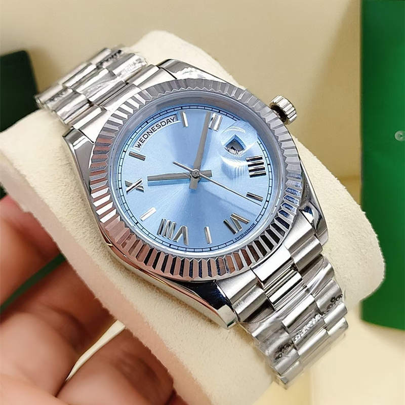 

Men's Automatic Watch Fashion Waterproof Roman Ice Blue face 41mm diamond bezel Stainless steel fold buckle, Camel