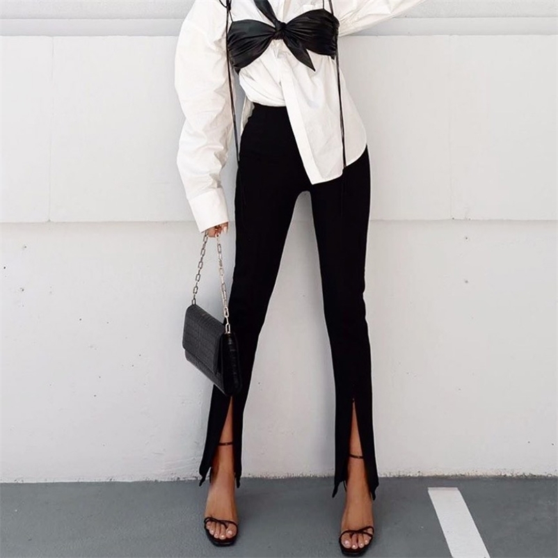 

Paris Girl Front Slit Flare Pants Women Solid Color Slim-Fit With Zipper High Waist Elegant Office Ladies Trousers Streetwear 210524, Black