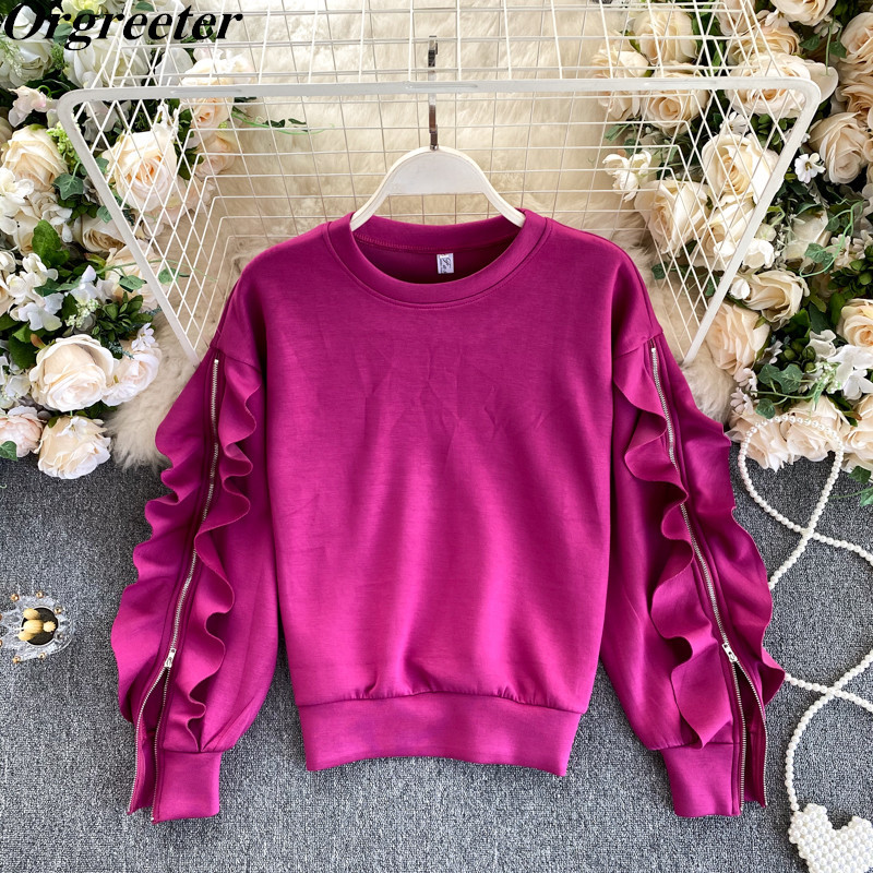 

Chic Zipper Lotus leaf Trim Sleeve Space cotton Sweashirt Women' Soft Casual Fashion O-neck Pullover Tops 210525, Fuchsia