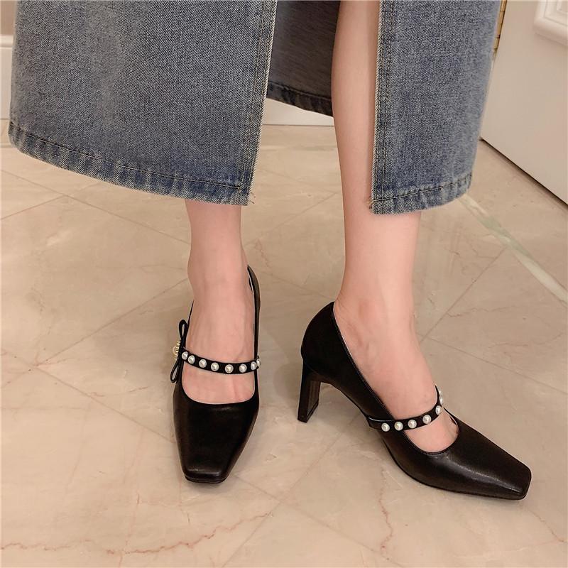 

Dress Shoes Fashion High Heels Women Party Brand Mary Janes Pearl Pumps Elegant Office Lady Thin Heel 8cm A3713, Black
