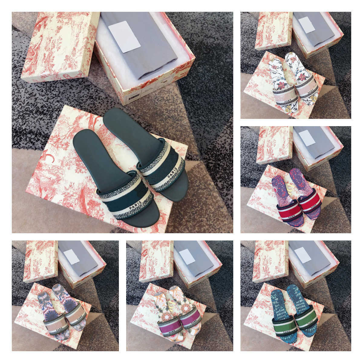 

2021 Paris Embroidered Dazzle dway slipper women womens ladies scuffs summer outdoor beach Floral striped causal flip flops flat Slide Slippers sandals rainbow, Dark brown