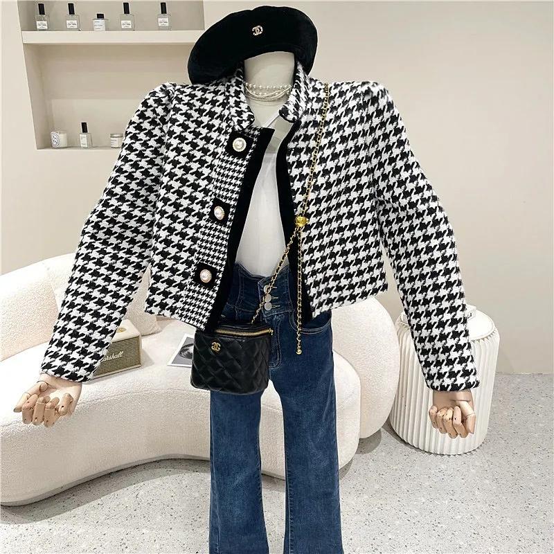

Women's Jackets 2021 Fall Vintage Houndstooth Cropped Jacket Women Elegant Pearl Button Party Coat Streetwear Korean Short Plaid Outerwear, Black;brown