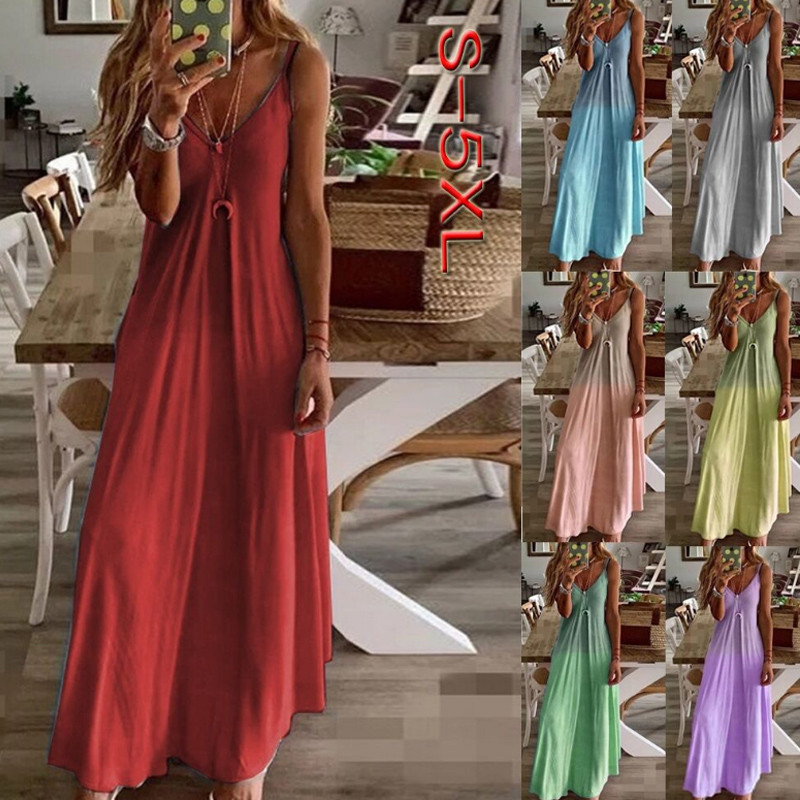 

High Quality Design Dress Fashion Plus Size Casual Skirt Ladies Non-slip Suspenders Gradient Color V-neck Beachwear, Black;gray