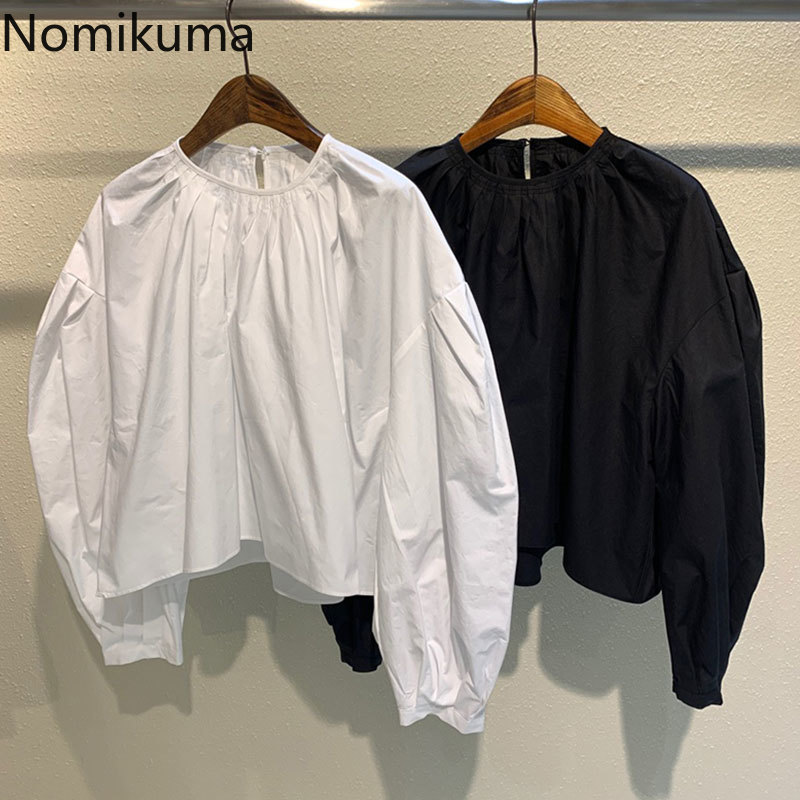 Nomikuma Womens Tops and Blouses Causal Puff Sleeve O-neck Causal Shirts Spring New Korean Solid Blusas Mujer De Moda 6G335 210427