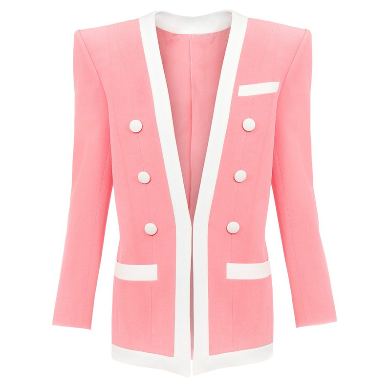 

HIGH STREET est Designer Blazer Women's Double Breasted Contrast Fringe Jacket 210521, Pink
