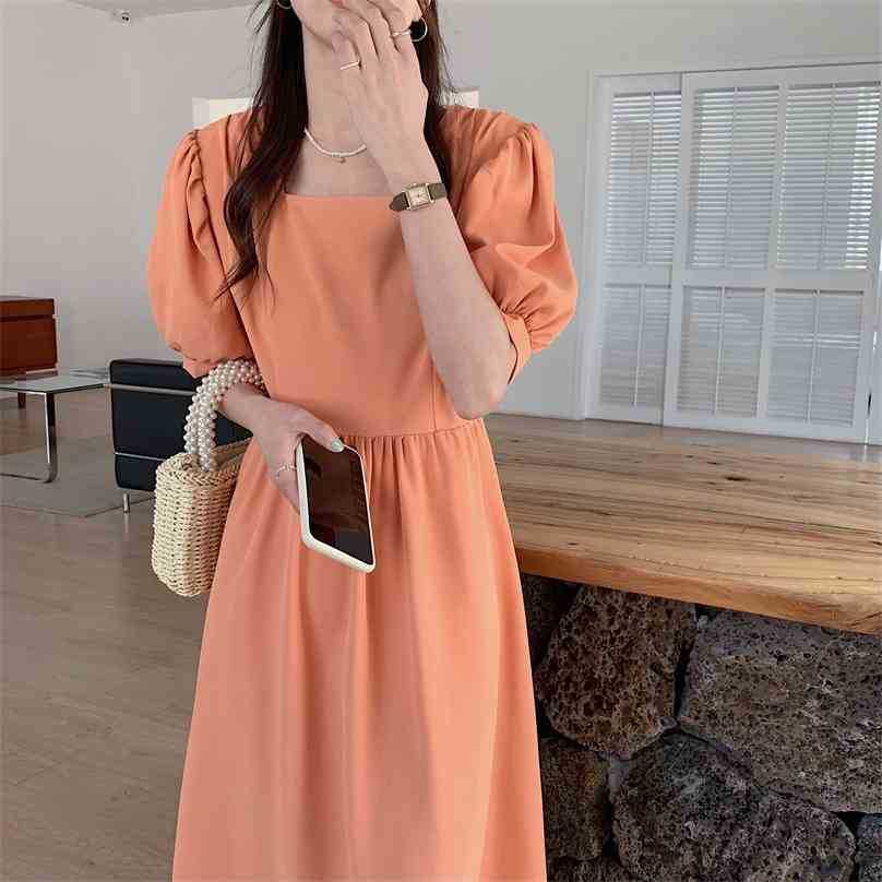 

Minimalist Solid Elegant Loose Chic Square Collar Office Lady Streetwear Retro Summer Long Dresses Vestidos 210525, Orange