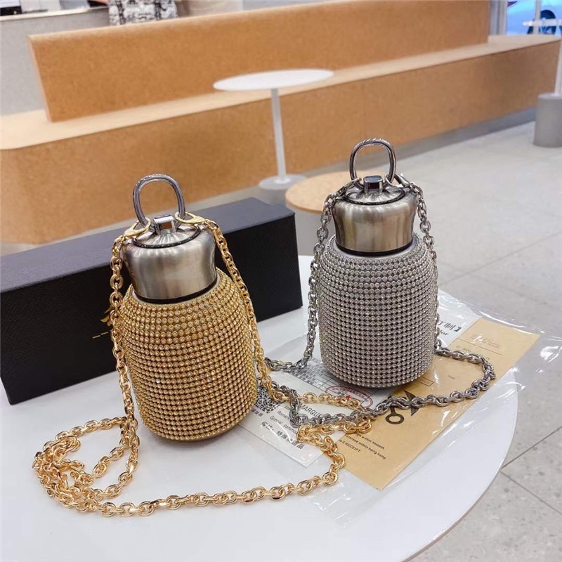 

Bling luxury insulated water bottles 300ml beaded crystal fashion designer Thermal Insulation stainless steel tumblers with box cross body g