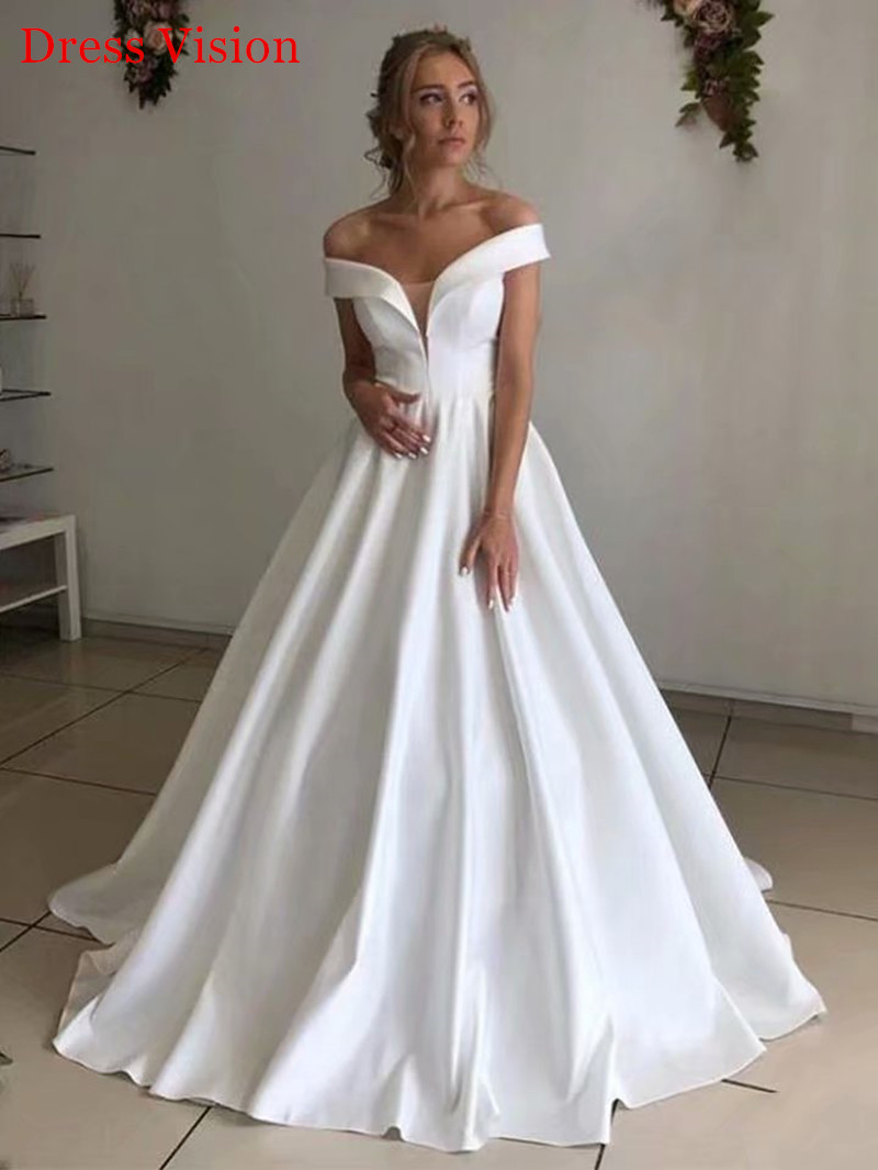 

New Arrival Satin Wedding Dress Vestido De Noiva Robe De Soiree Bride To Be Vestidos De Fiesta Off The Shoulder, White
