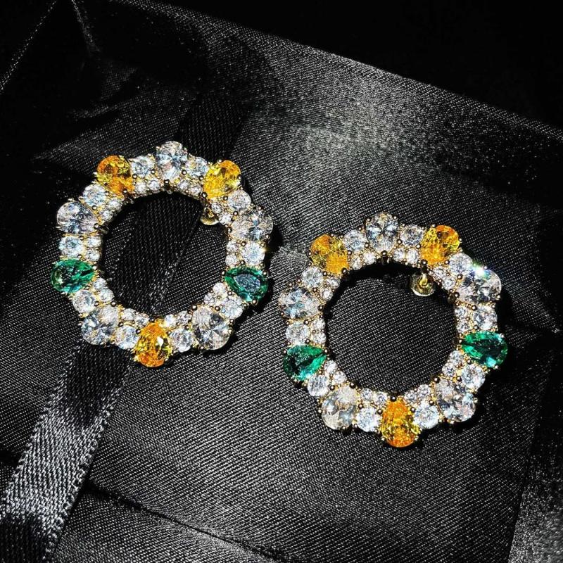 

Stud Geometric Round Colored Diamond Earrings Hoop Bright Zircon Shiny S925 Silver Color Jewelry, Golden;silver